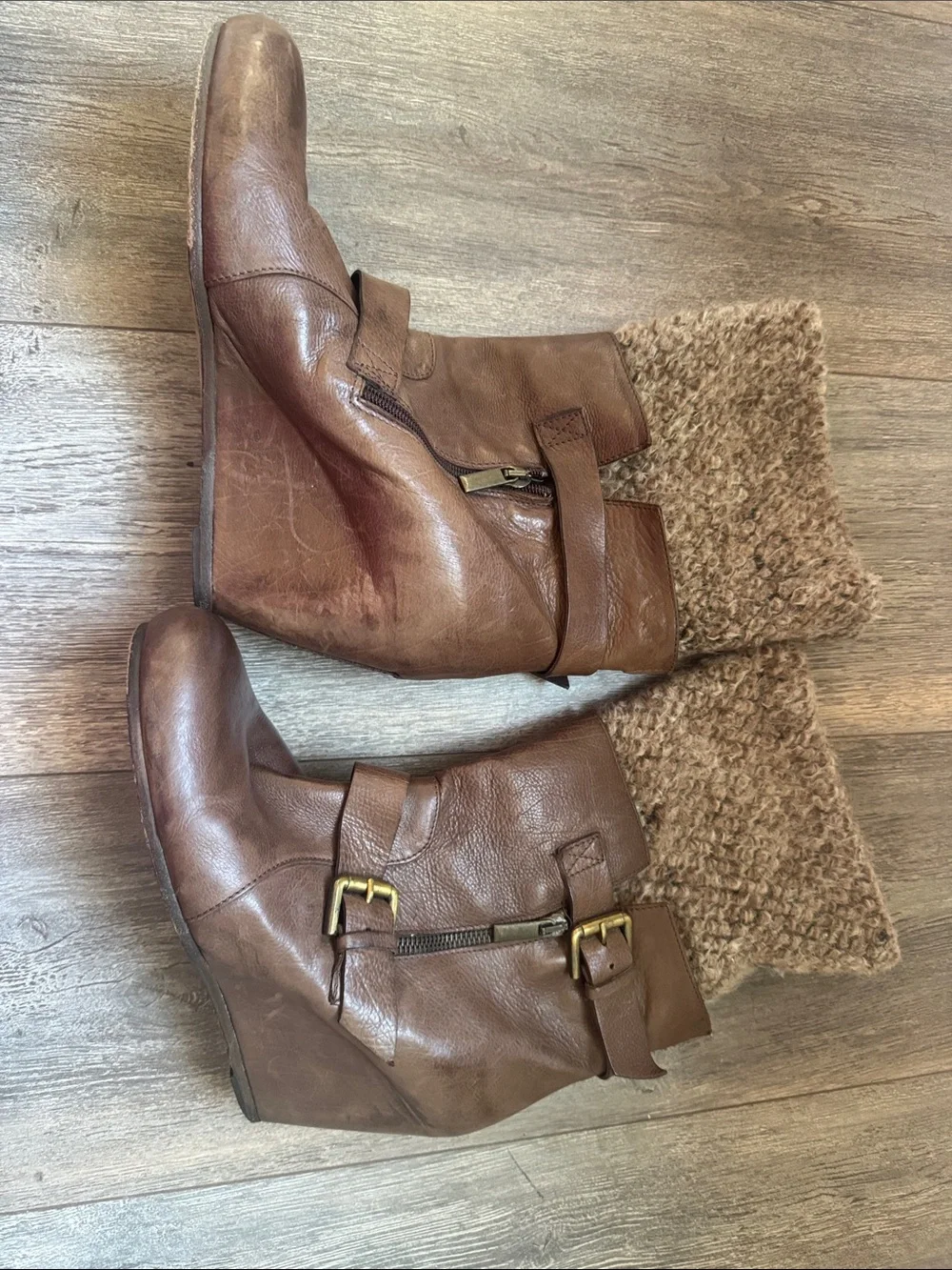Vero Cuoio Brown Leather Wedge Boots with Knit Cuff and Buckle Detail
